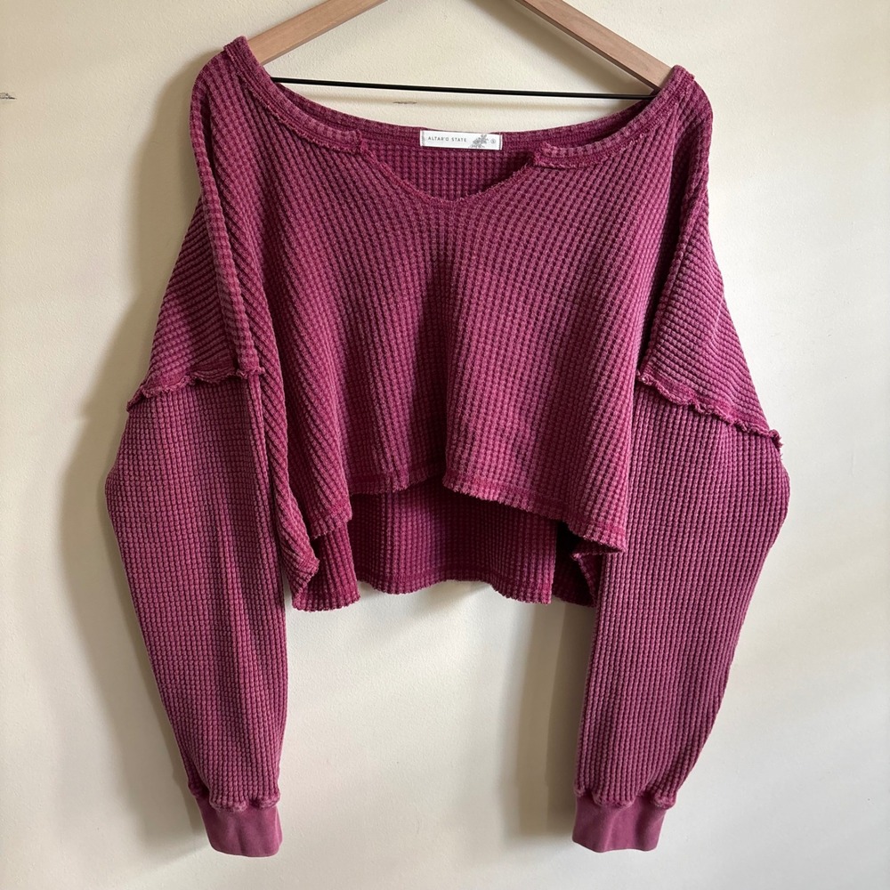 Altar'd State Pink Waffle Knit Cropped Thermal Top Long Sleeve Small Boho